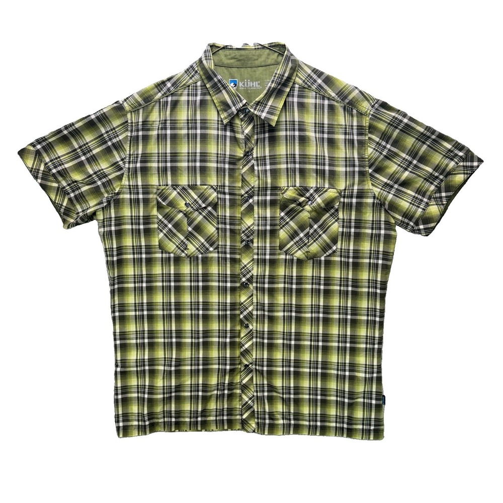 Kuhl Eluxur Shirt Mens Large Yellow Plaid Pearl Snap Short Sleeve Hiking Outdoor